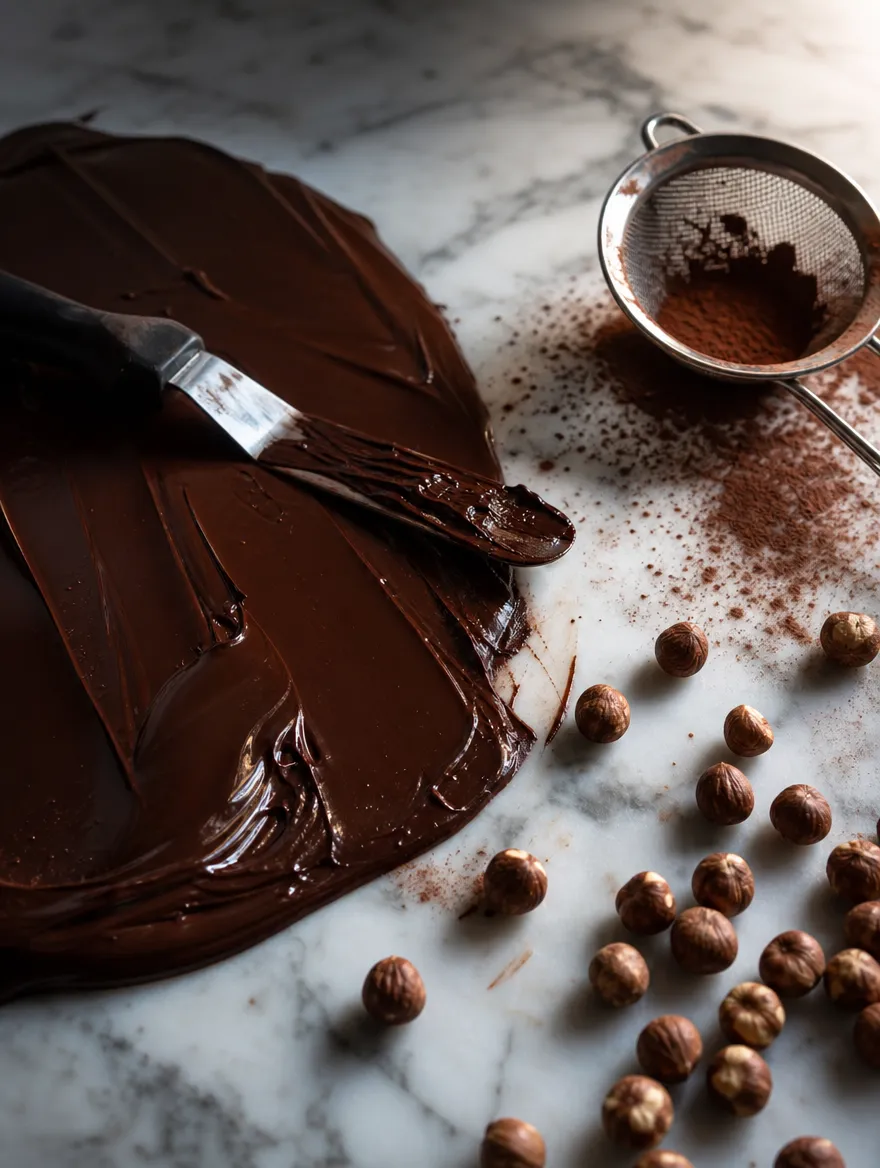 Cioccolato temperato steso sul marmo del laboratorio