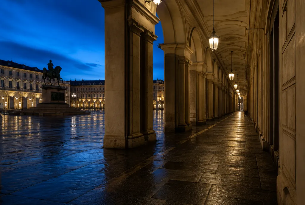 I portici di Piazza San Carlo all’ora blu