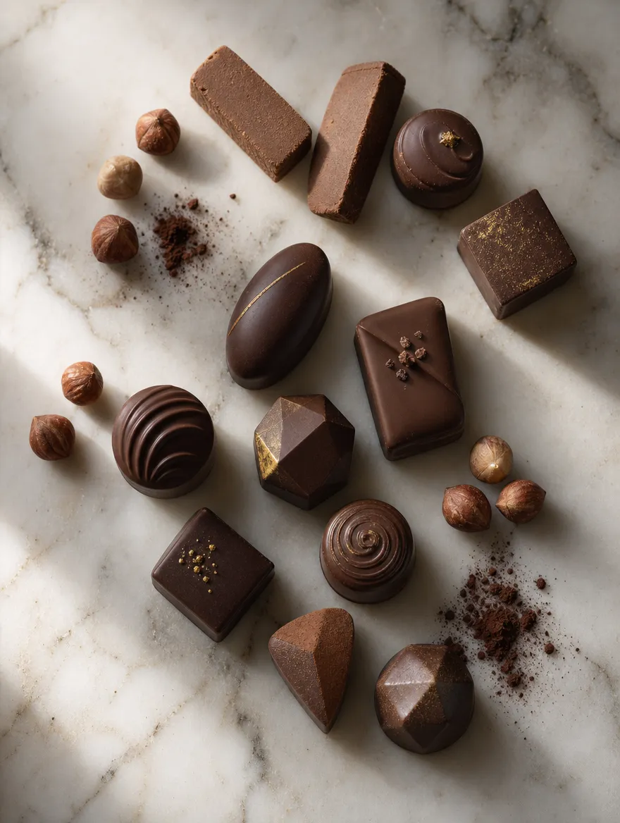 Praline e giandujotti disposti su un piano di marmo