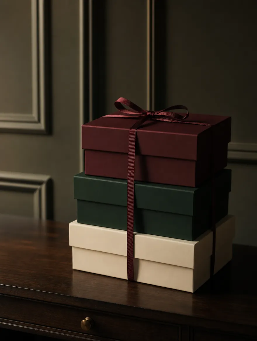 Confezioni regalo impilate su un piano di noce