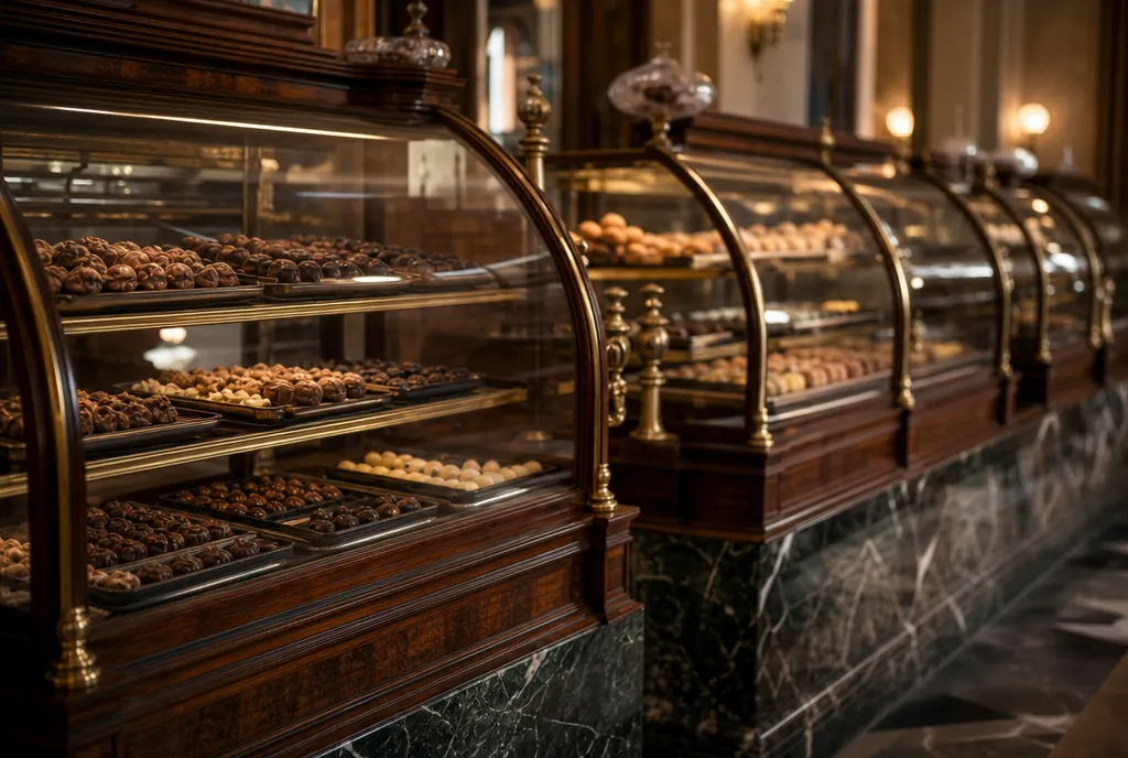 Le vetrine in ottone e cristallo con i vassoi di praline